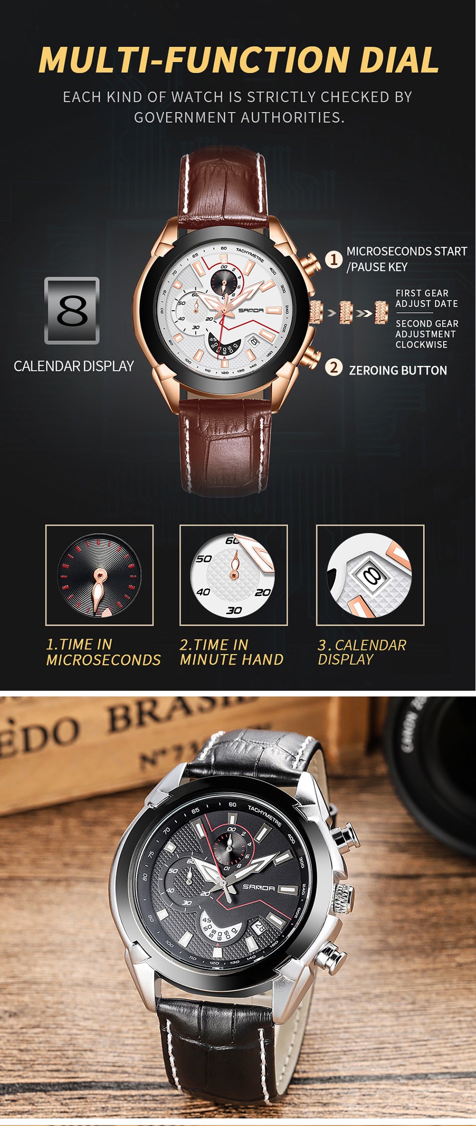 SANDA Men's Sport Watches Chronograph Leather Strap Quartz Army Military Wristwatches Top Brand Luxury Watch Men Clock New