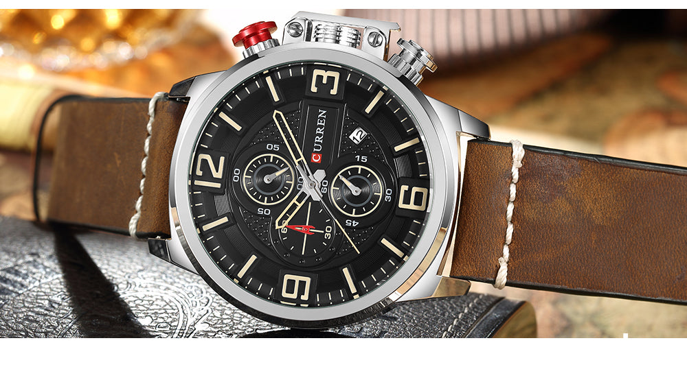 YSYH Sports Watches Chronograph Military Quartz Date Men's Wristwatch Leather Strap Male Clock