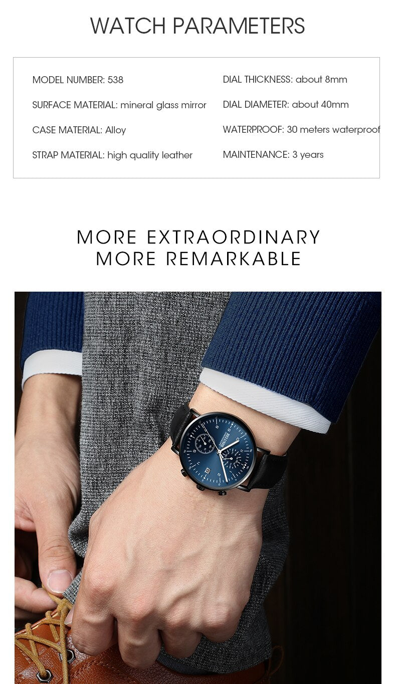 YSYH Man Watches Waterproof Sport Wrist Watch Clock Male Leather Strap Chronograph Men Gift Minimalist Watch