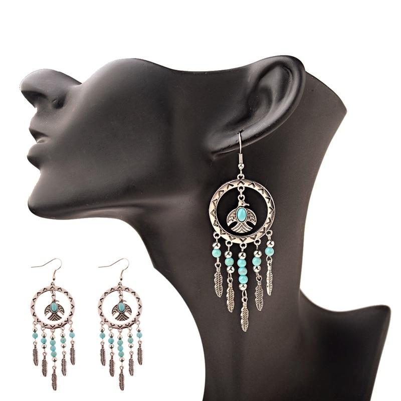 Vintage Silver Turquoise Tassel Beaded Earrings-Earrings-Rossny