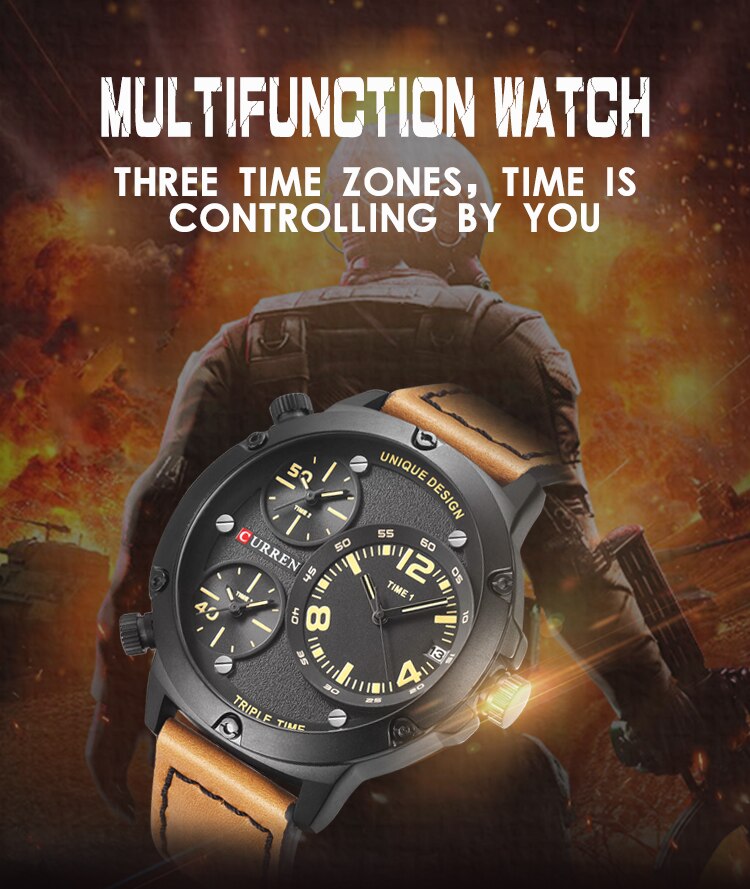 YSYH Casual Wristwatch Military Quartz Men's Watch Multiple Time Zone Leather Strap Male Clock