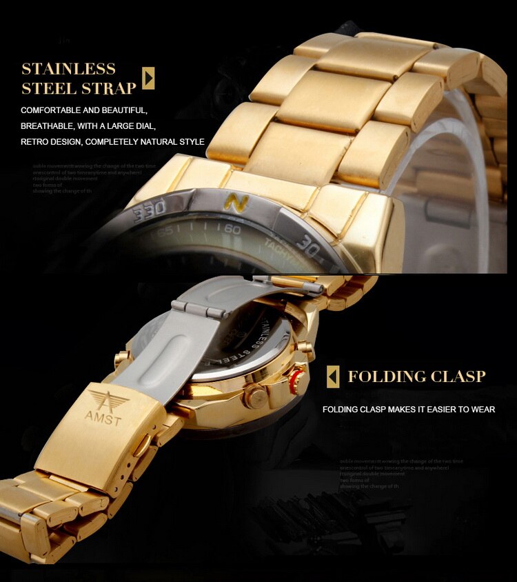 YSYH Mens Watch New Digital Pointer Dual Display Sports Wrist Watch Men Stainless Steel Gold Watch Waterproof Quartz Clock