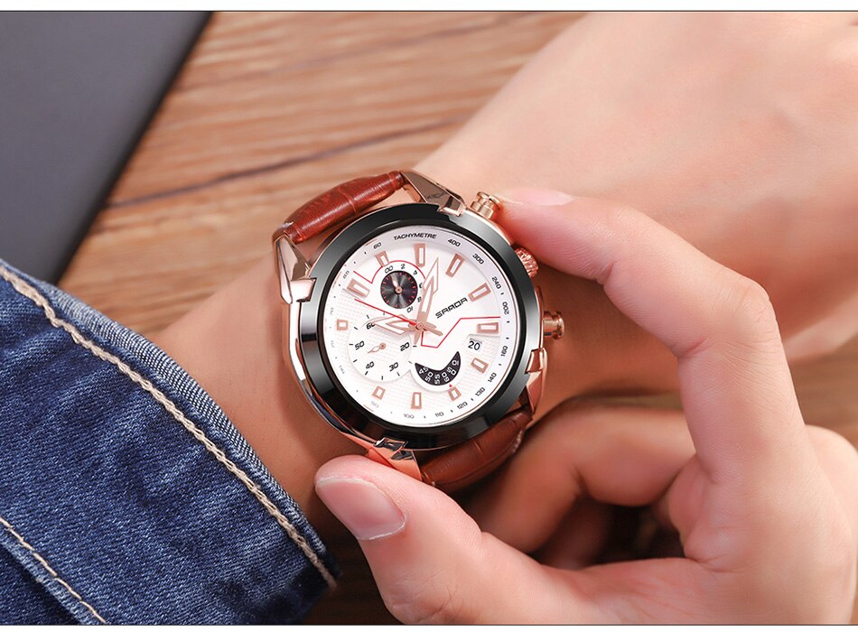 SANDA Men's Sport Watches Chronograph Leather Strap Quartz Army Military Wristwatches Top Brand Luxury Watch Men Clock New