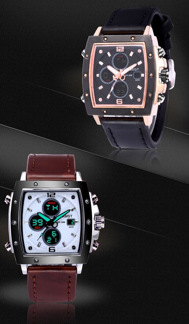YSYH Mens Square Watch Double Display Quartzel Ectronic Clock 50M Waterproof Watch Men Luxury Brand Leather Wristwatch
