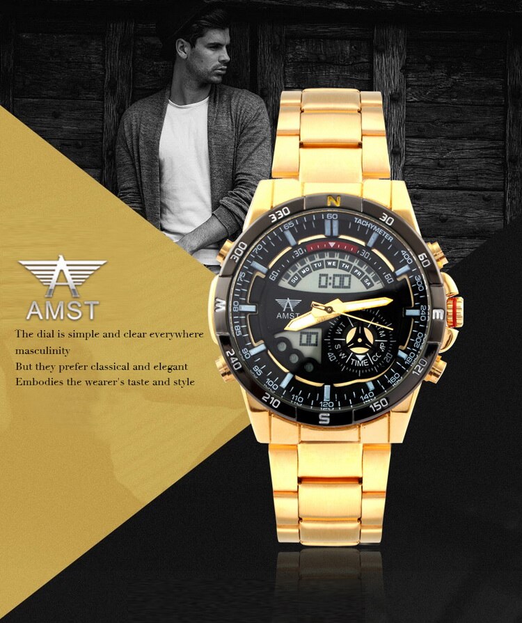 YSYH Mens Watch New Digital Pointer Dual Display Sports Wrist Watch Men Stainless Steel Gold Watch Waterproof Quartz Clock