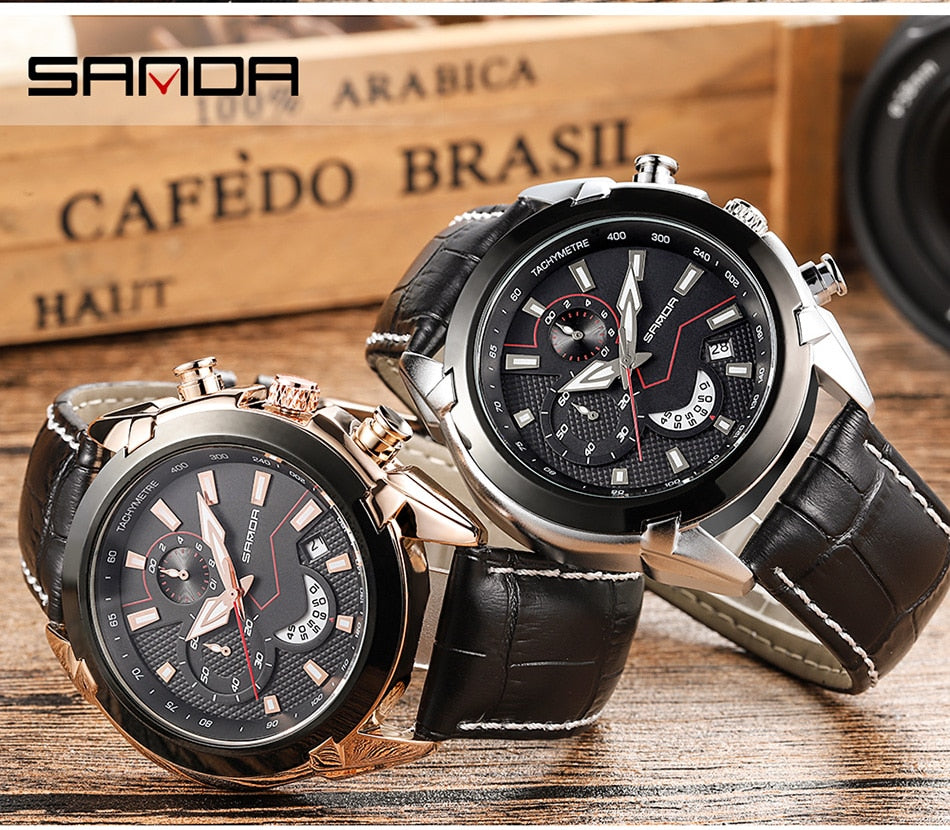 SANDA Men's Sport Watches Chronograph Leather Strap Quartz Army Military Wristwatches Top Brand Luxury Watch Men Clock New
