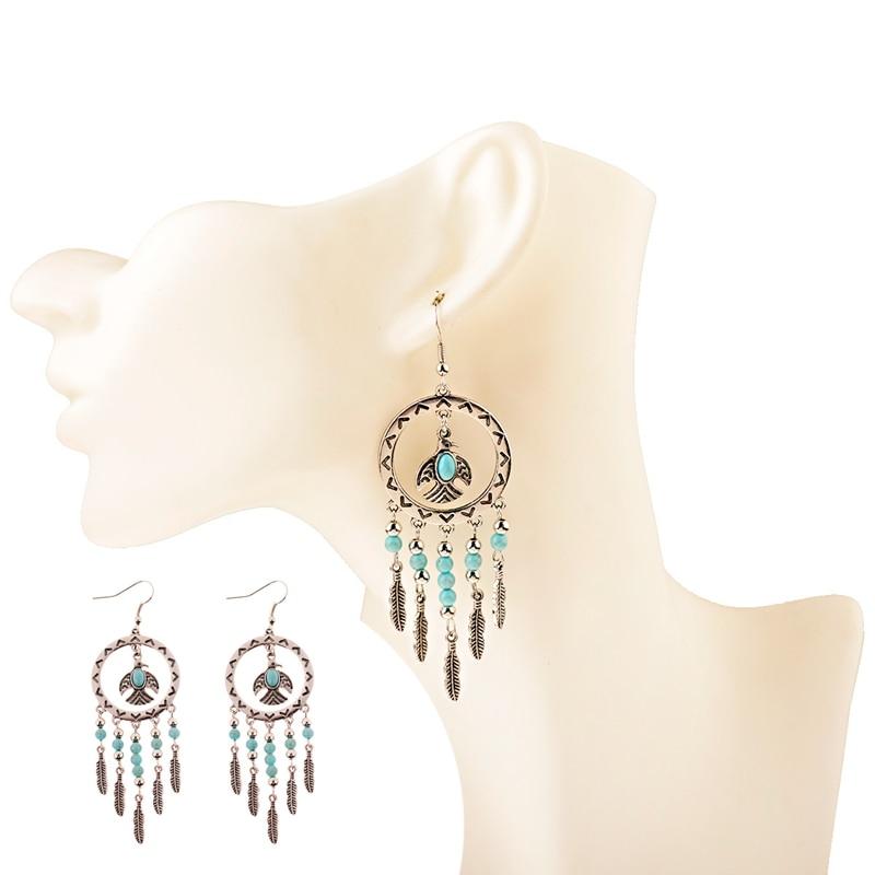 Vintage Silver Turquoise Tassel Beaded Earrings-Earrings-Rossny