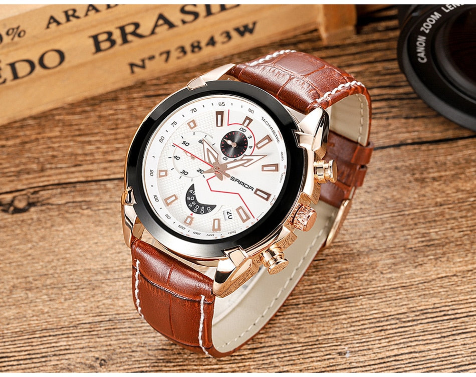 SANDA Men's Sport Watches Chronograph Leather Strap Quartz Army Military Wristwatches Top Brand Luxury Watch Men Clock New