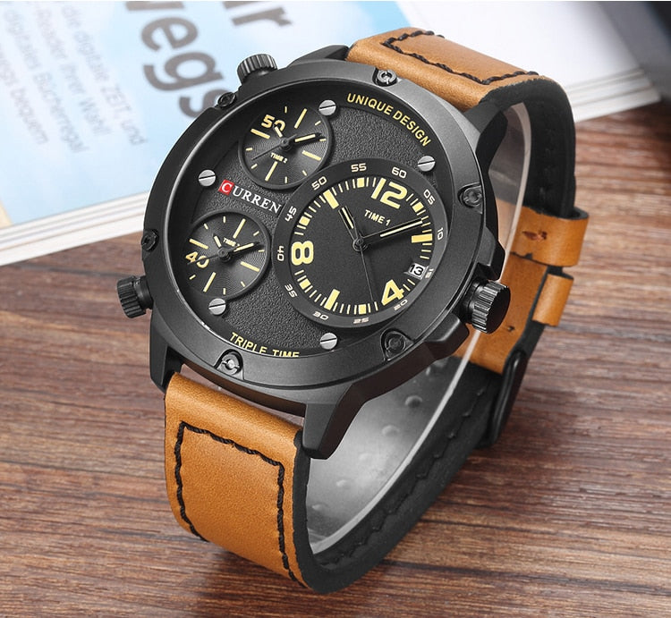 YSYH Casual Wristwatch Military Quartz Men's Watch Multiple Time Zone Leather Strap Male Clock