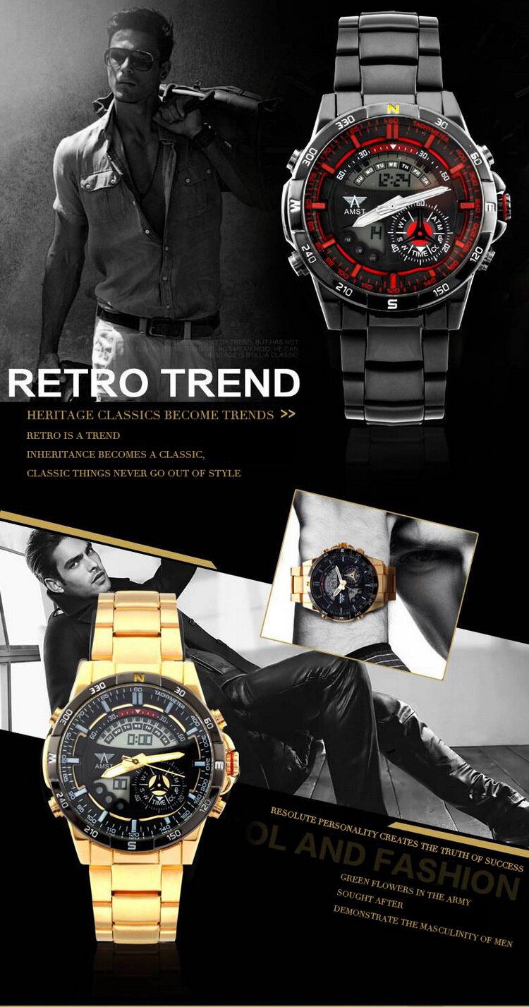YSYH Mens Watch New Digital Pointer Dual Display Sports Wrist Watch Men Stainless Steel Gold Watch Waterproof Quartz Clock