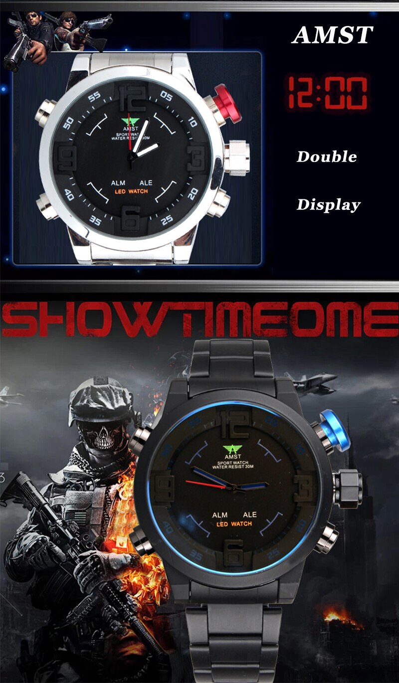 YSYH Men's G Style shock Watch LED Display Military Watch Men Double Display Watch 5Bars Waterproof Quartz Clock