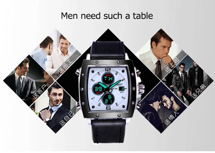 YSYH Mens Square Watch Double Display Quartzel Ectronic Clock 50M Waterproof Watch Men Luxury Brand Leather Wristwatch