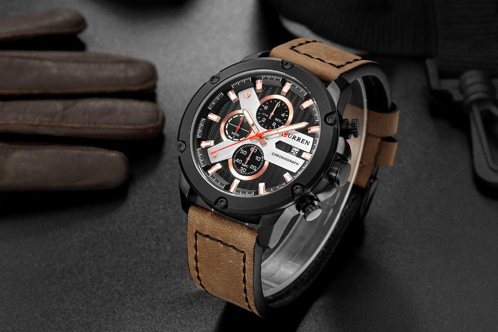 YSYH Luxury Men Multifunction Watch Leather Quartz Wistwatches With Gifts For Men