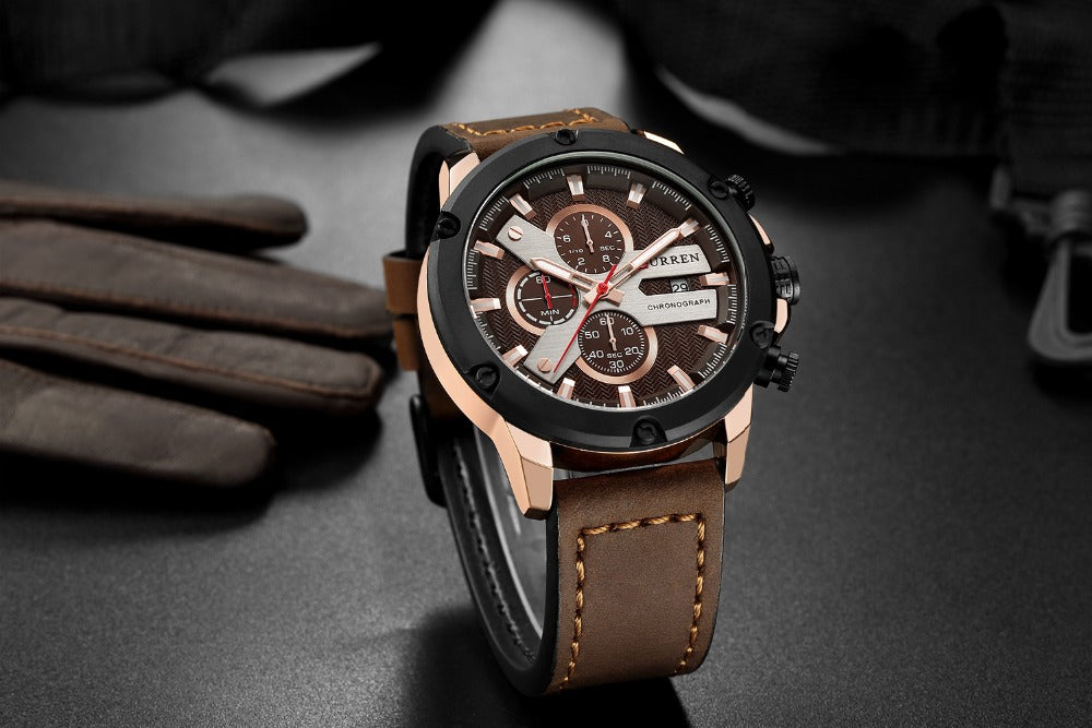 YSYH Luxury Men Multifunction Watch Leather Quartz Wistwatches With Gifts For Men