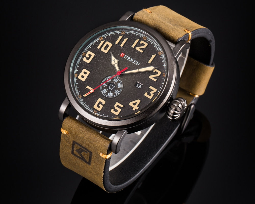 YSYH Leather Strap Men Watch Digital Dial Male Clock Display Date Week Quartz watch