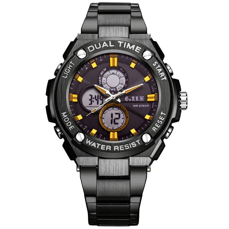 Man Multifunction Sports Watch Stainless Steel Strap Dual Display Quartz Watches Men's Waterproof LED Digital Clock New