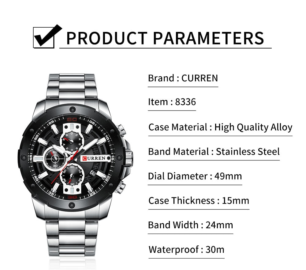 YSYH Luxury Quartz Wristwatch Men Sport Watches 8336 Stainless Steel Band Chronograph Clock Male Waterproof