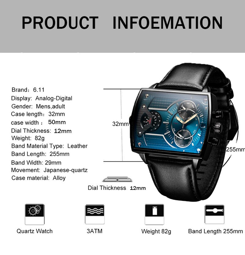 Men's Luxury Business Wrist watches Dual Time Zone Large Dial Man Waterproof Quartz Clock Leather Strap Casual Sports Watch