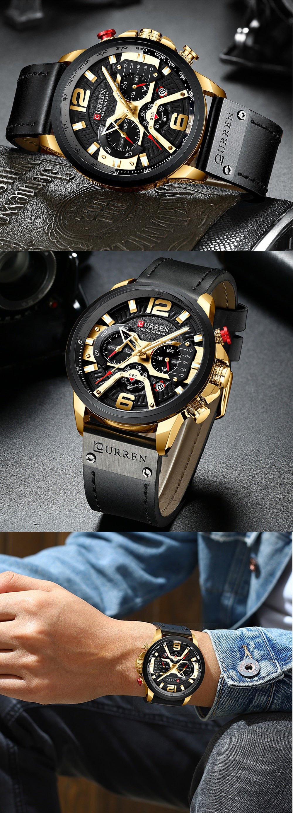 YSYH Luxury Leather SportsWatch Men Chronograph Quartz Man Clock