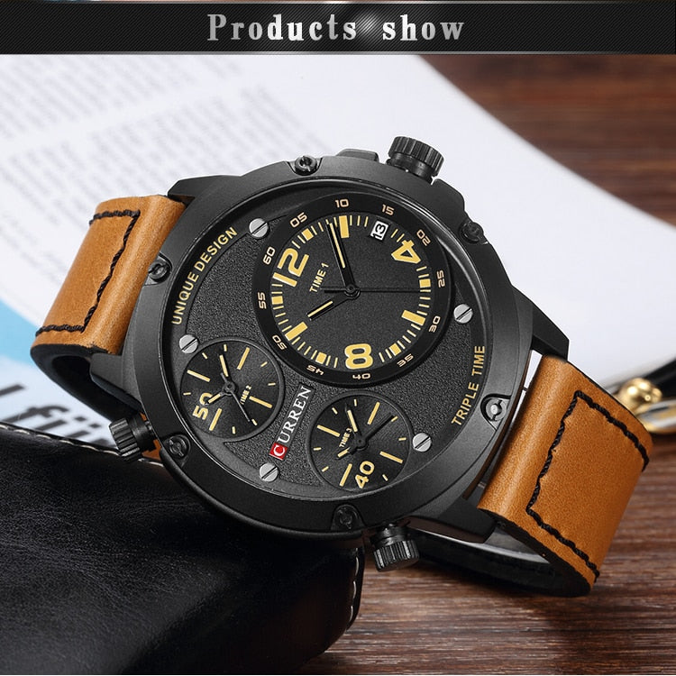 YSYH Casual Wristwatch Military Quartz Men's Watch Multiple Time Zone Leather Strap Male Clock