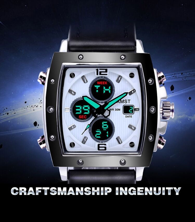 YSYH Mens Square Watch Double Display Quartzel Ectronic Clock 50M Waterproof Watch Men Luxury Brand Leather Wristwatch