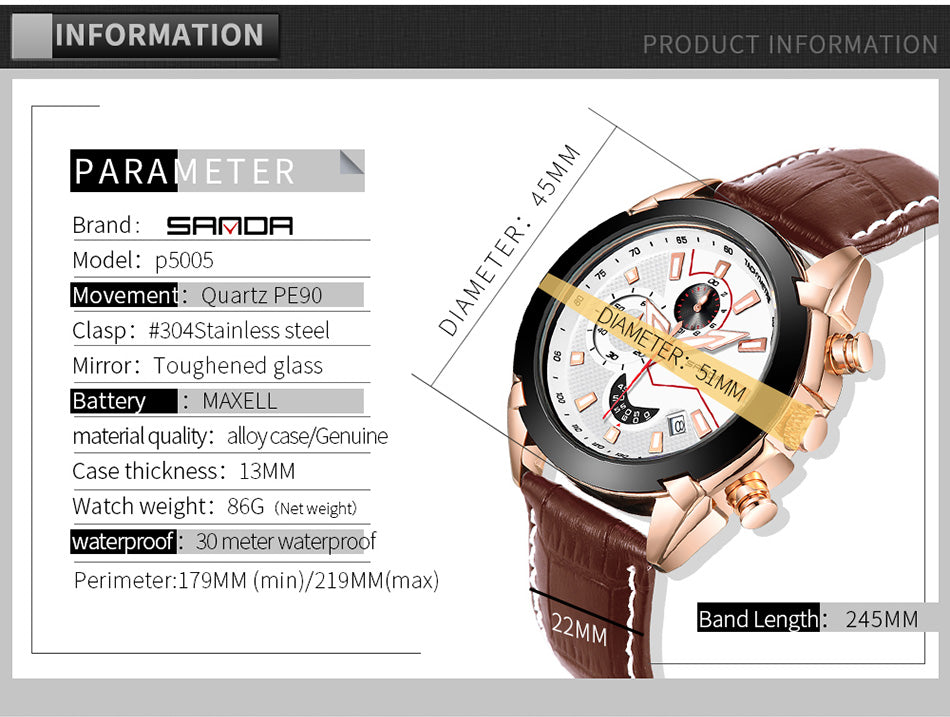 SANDA Men's Sport Watches Chronograph Leather Strap Quartz Army Military Wristwatches Top Brand Luxury Watch Men Clock New