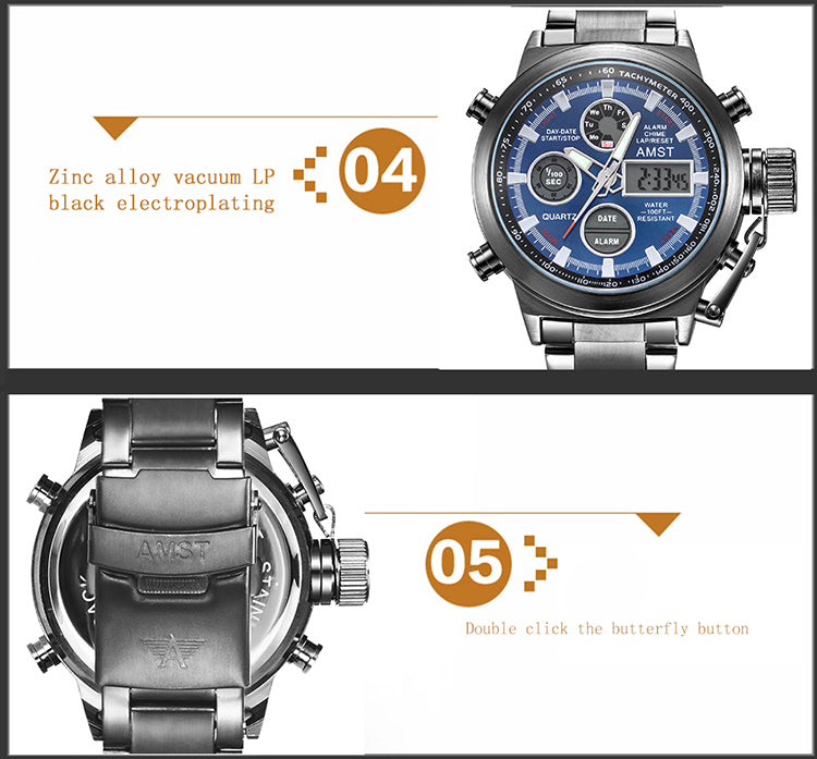 YSYH New Men's Wristwatch Clock Digital Dual Display Watch Male Multi-function Quartz Clock 50M Waterproof Chronograph