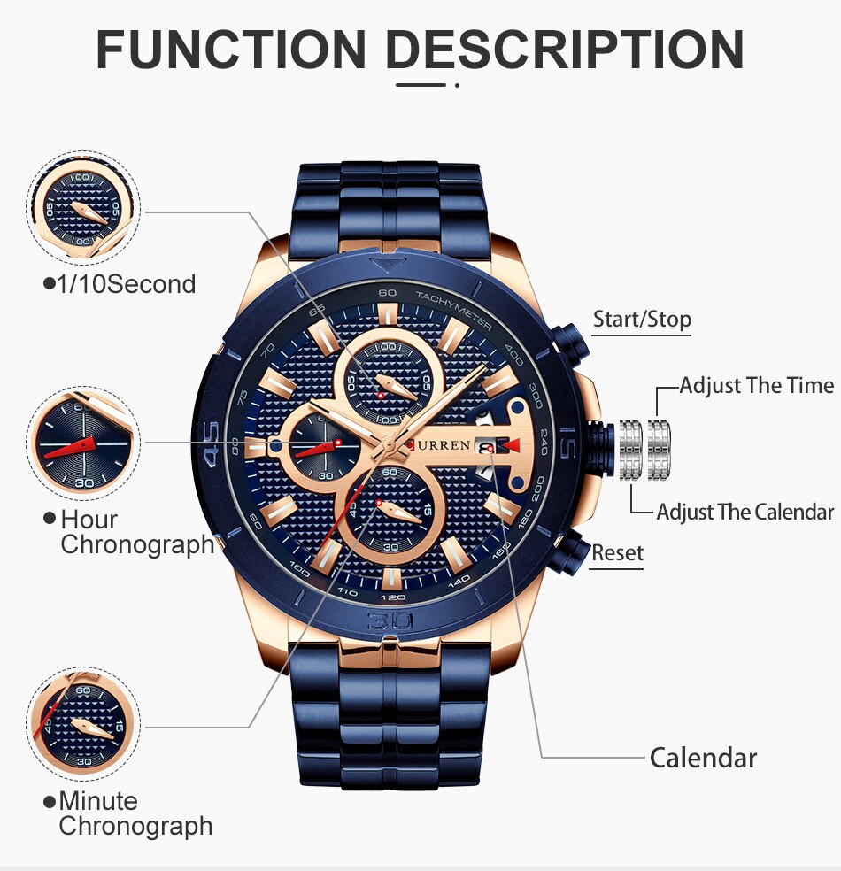 YSYH Watches Mens Luxury Brand Chronograph Sport Watch for Men Wristwatch with Stainless Steel Band Casual Clock