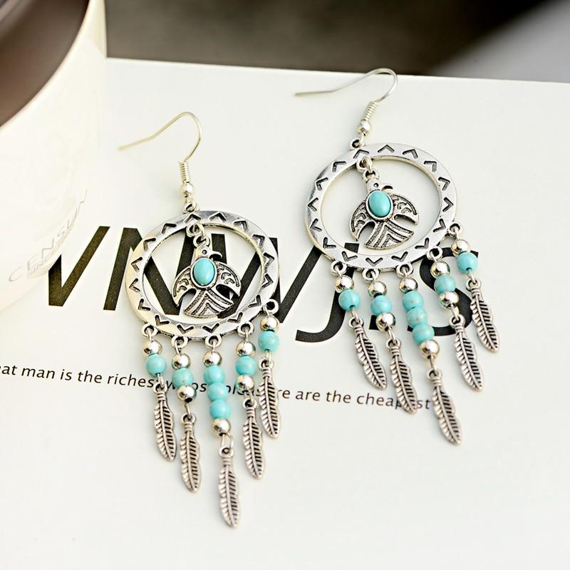Vintage Silver Turquoise Tassel Beaded Earrings-Earrings-Rossny