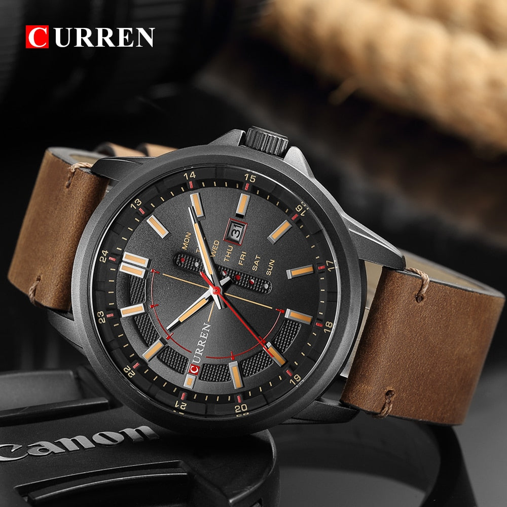 YSYH Leather Strap Watches Men Display Calendar Quartz Wrist Watch