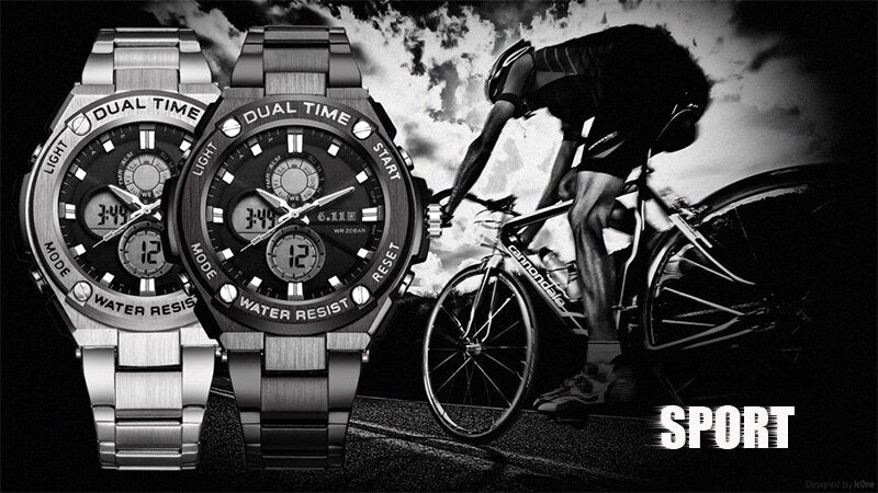 Man Multifunction Sports Watch Stainless Steel Strap Dual Display Quartz Watches Men's Waterproof LED Digital Clock New