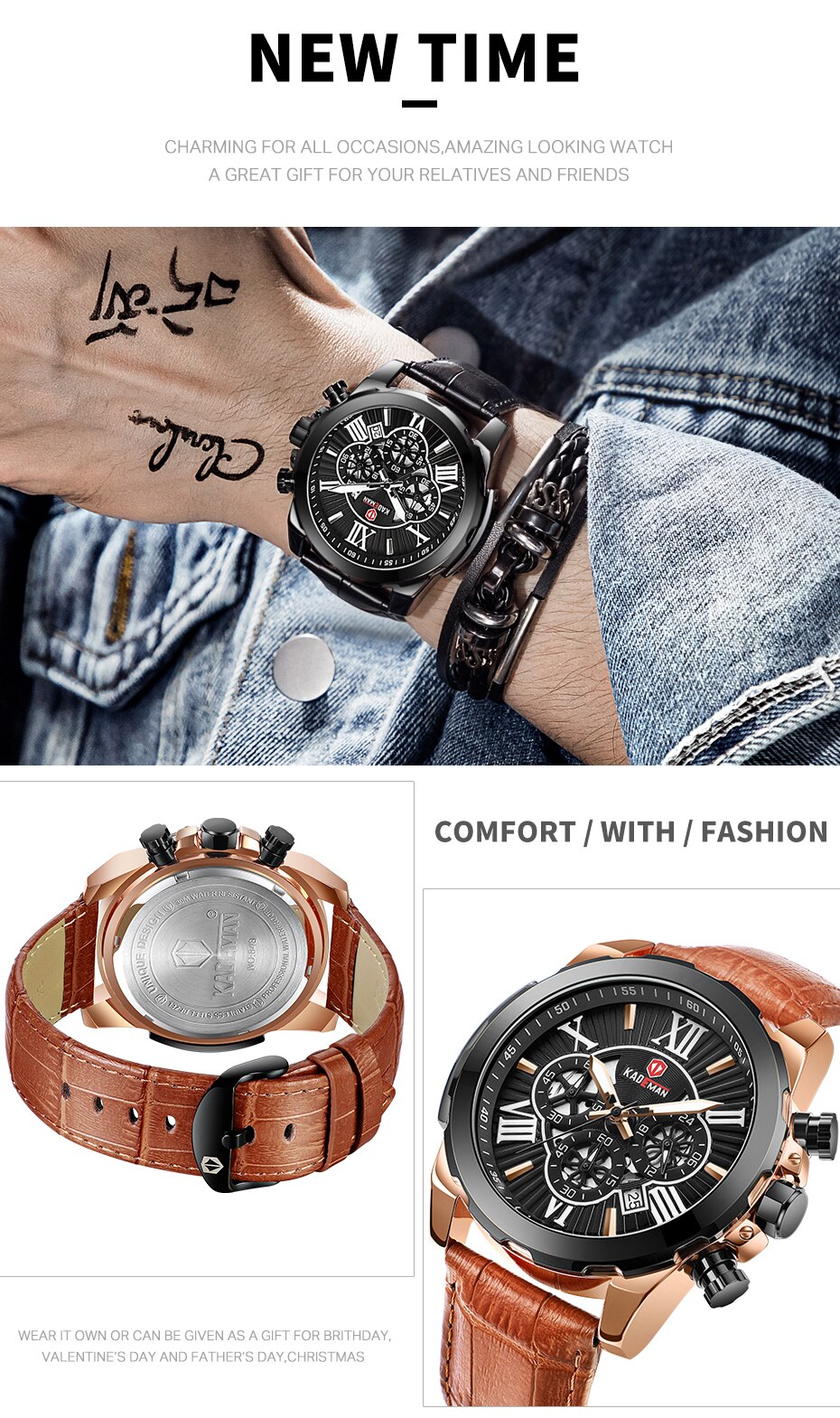 YSYH Men Watches Casual Leather Waterproof Date Quartz Watch