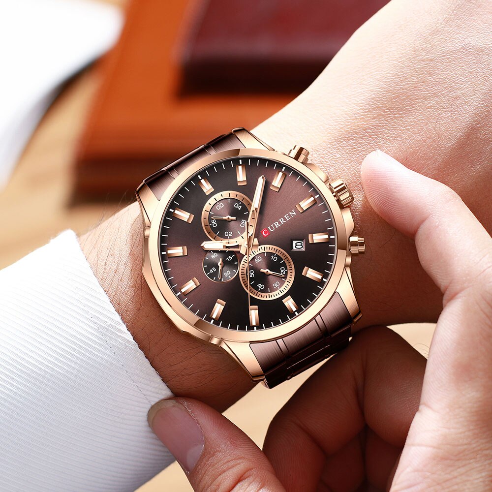 YSYH Fashion Watches Men Coffee Clock Men Quartz Wristwatch Stainless Steel Band Chronograph Watch Male