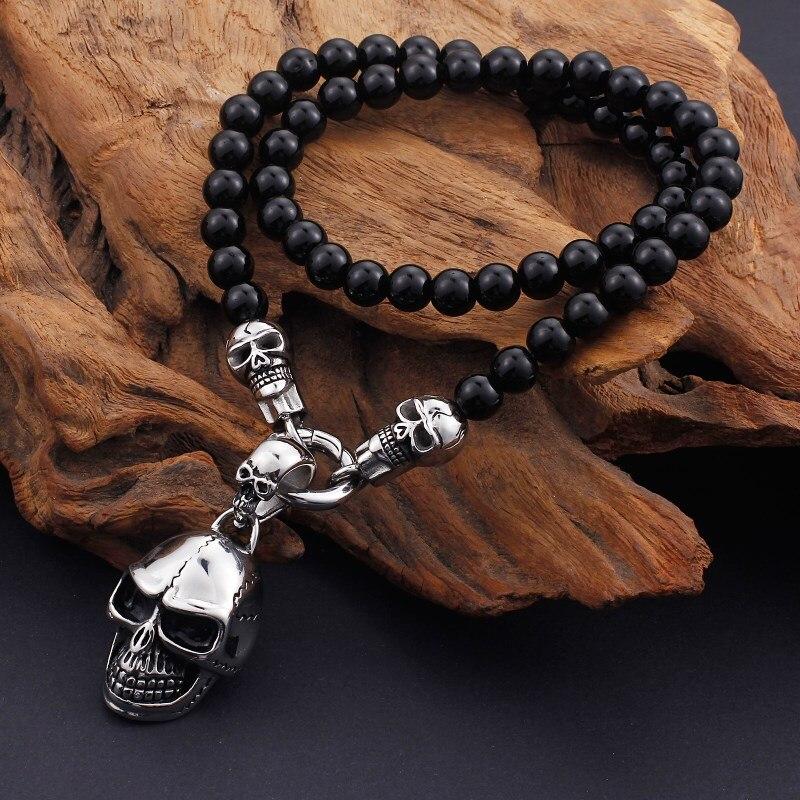 African Glass Beads Long Chain Necklace Stainless Steel Skull & Cross Jewelry Statement Necklace Jewelry-Necklace Pendant-Rossny