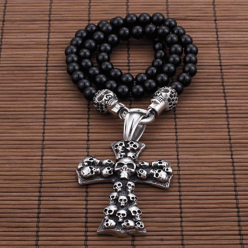 African Glass Beads Long Chain Necklace Stainless Steel Skull & Cross Jewelry Statement Necklace Jewelry-Necklace Pendant-Rossny