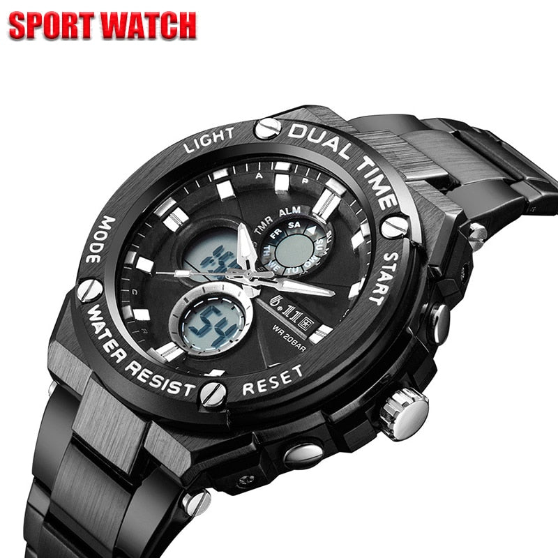 Man Multifunction Sports Watch Stainless Steel Strap Dual Display Quartz Watches Men's Waterproof LED Digital Clock New