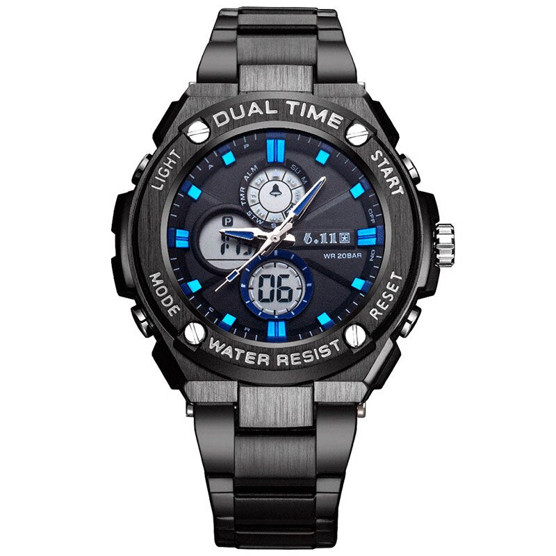 Man Multifunction Sports Watch Stainless Steel Strap Dual Display Quartz Watches Men's Waterproof LED Digital Clock New