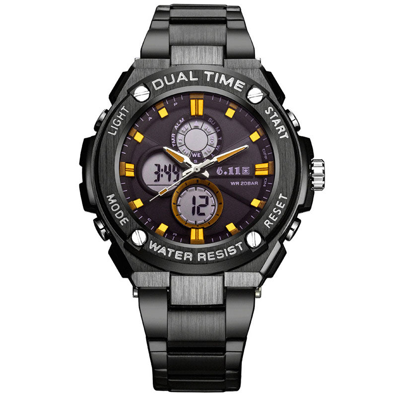 Man Multifunction Sports Watch Stainless Steel Strap Dual Display Quartz Watches Men's Waterproof LED Digital Clock New