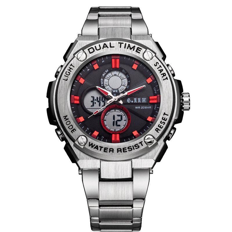 Man Multifunction Sports Watch Stainless Steel Strap Dual Display Quartz Watches Men's Waterproof LED Digital Clock New