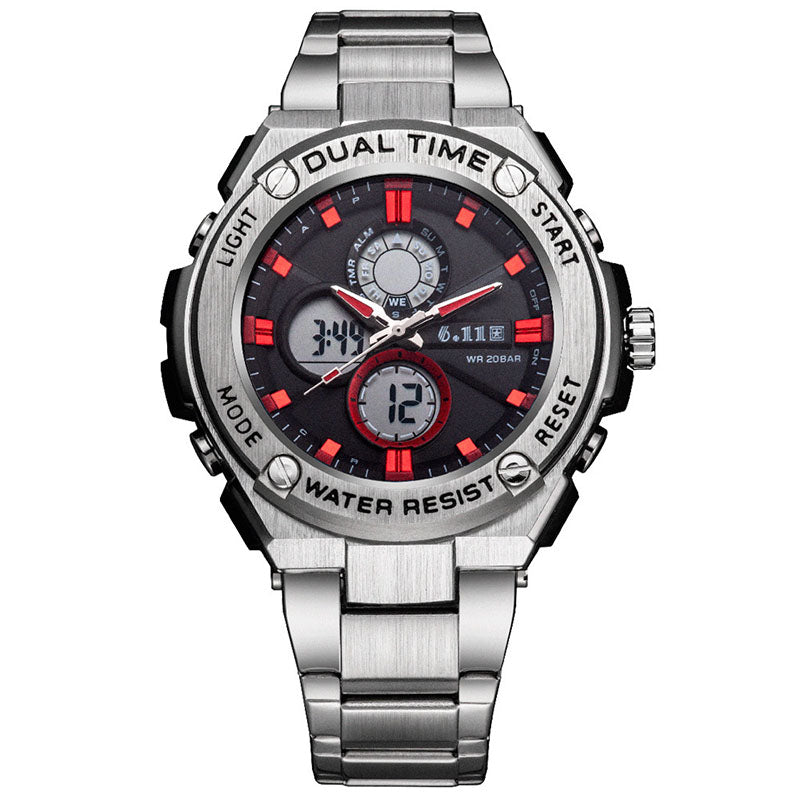 Man Multifunction Sports Watch Stainless Steel Strap Dual Display Quartz Watches Men's Waterproof LED Digital Clock New
