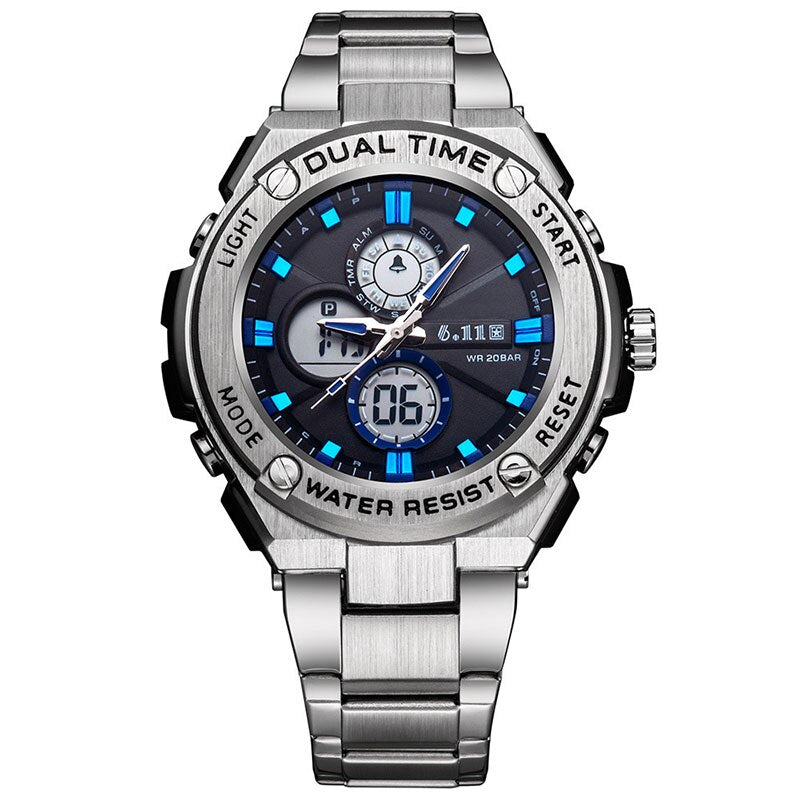 Man Multifunction Sports Watch Stainless Steel Strap Dual Display Quartz Watches Men's Waterproof LED Digital Clock New