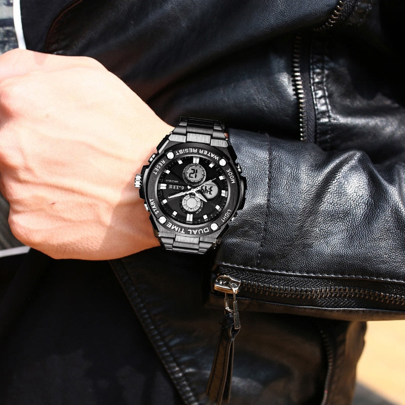 Man Multifunction Sports Watch Stainless Steel Strap Dual Display Quartz Watches Men's Waterproof LED Digital Clock New