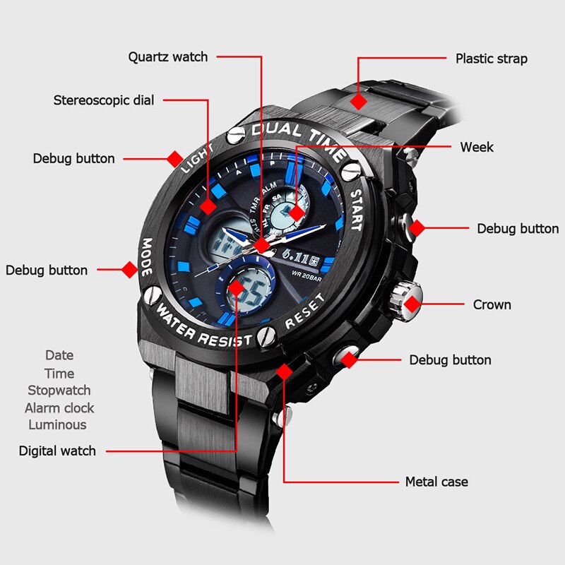Man Multifunction Sports Watch Stainless Steel Strap Dual Display Quartz Watches Men's Waterproof LED Digital Clock New