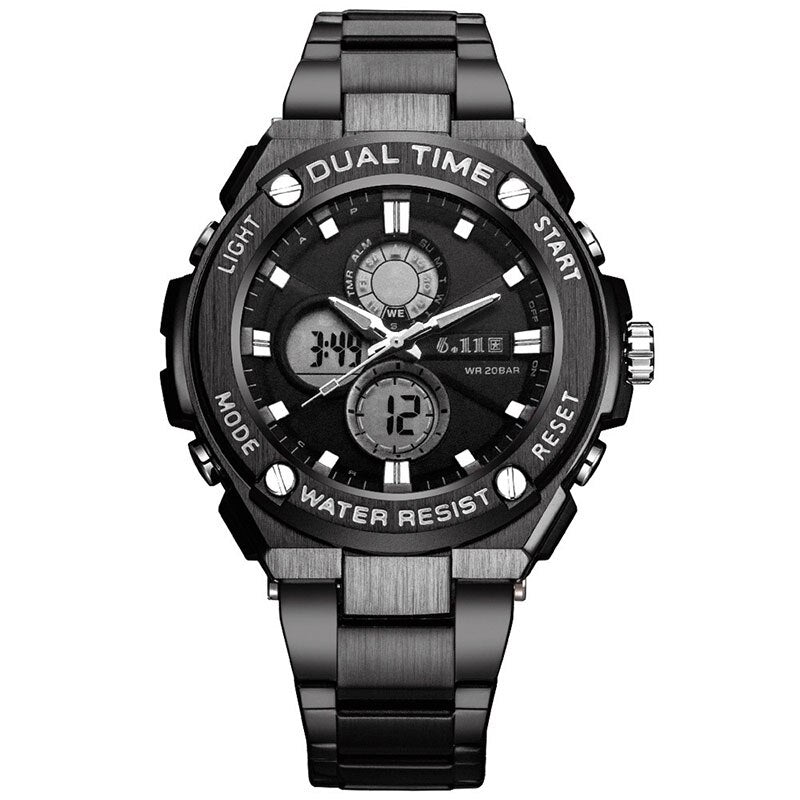 Man Multifunction Sports Watch Stainless Steel Strap Dual Display Quartz Watches Men's Waterproof LED Digital Clock New