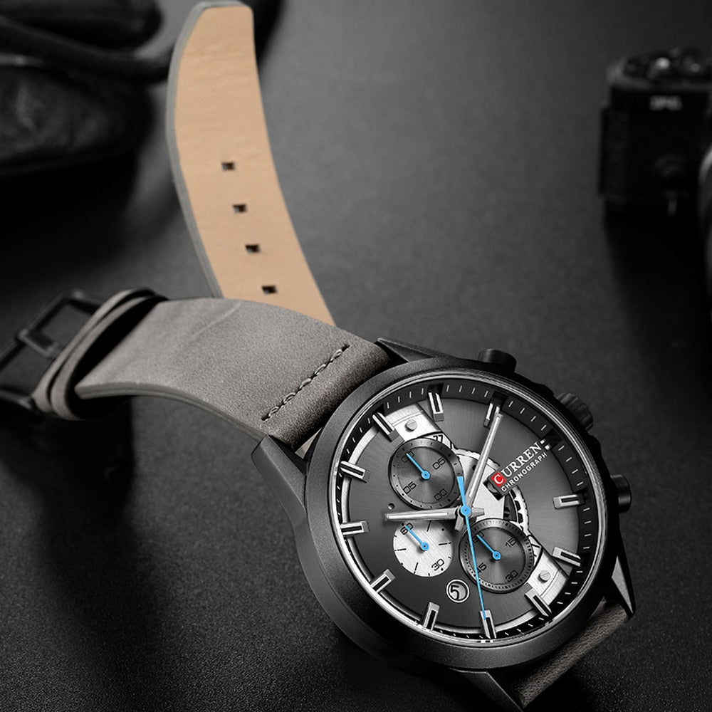 YSYH Men's Sports Watch with Chronograph Leather Strap Watches Quartz Wristwatch