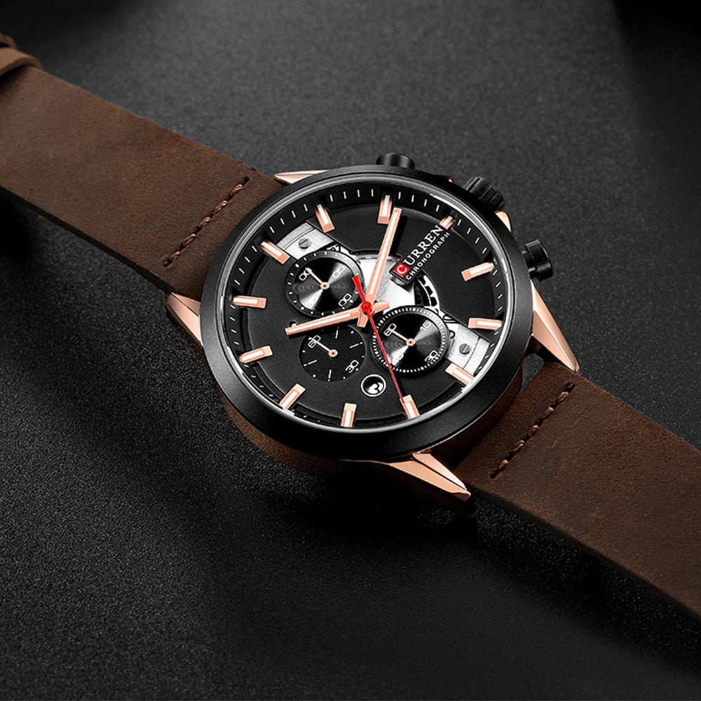 YSYH Men's Sports Watch with Chronograph Leather Strap Watches Quartz Wristwatch
