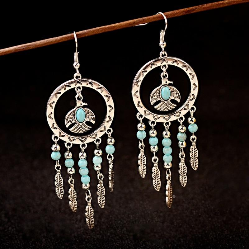 Vintage Silver Turquoise Tassel Beaded Earrings-Earrings-Rossny