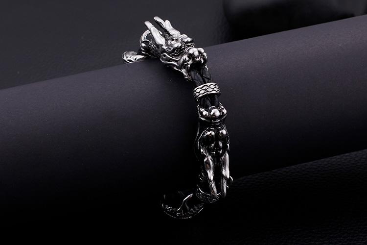 Leather Adjustable stainless steel dragon Bracelet-Bracelets-Rossny