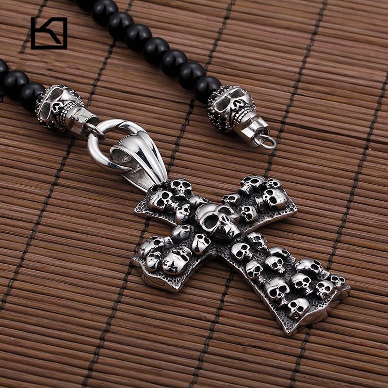African Glass Beads Long Chain Necklace Stainless Steel Skull & Cross Jewelry Statement Necklace Jewelry-Necklace Pendant-Rossny