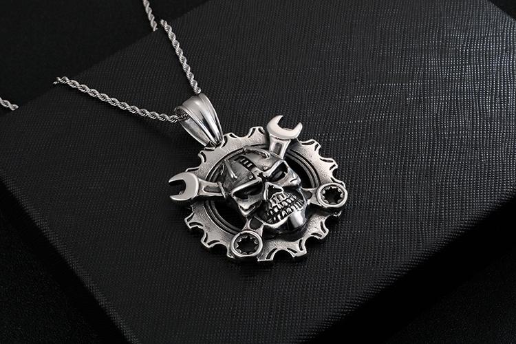 Punk Gothic Stainless Steel Skull Pendant Necklace Spanner Skeleton Chain-Necklace Pendant-Rossny